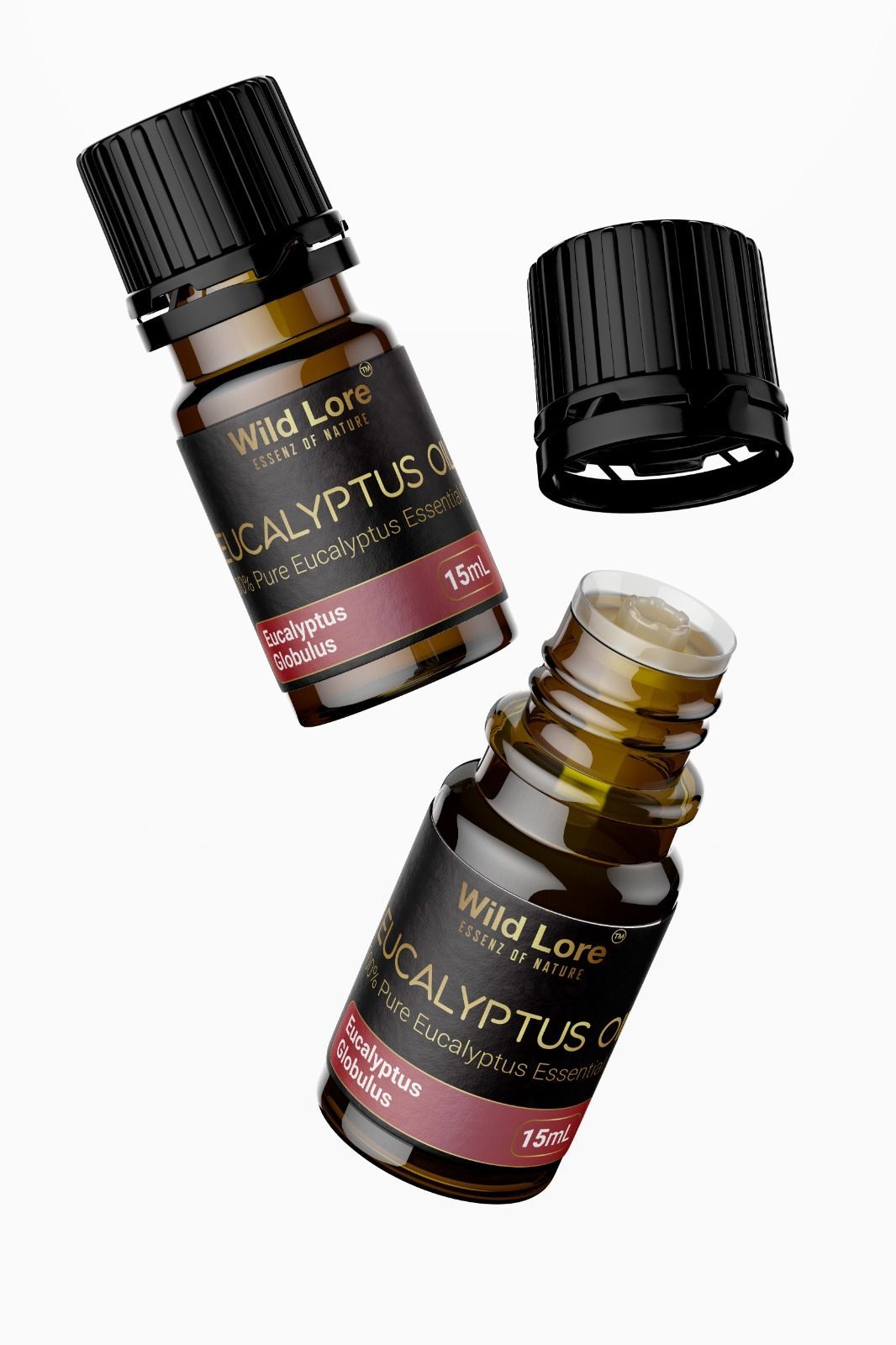 Two bottles of eucalyptus essential oil are floating in the air.