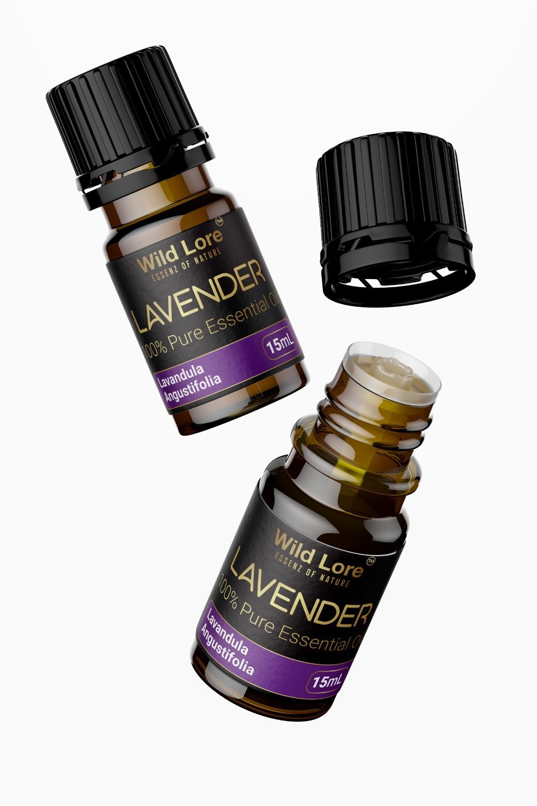 Two bottles of lavender essential oil are floating in the air.