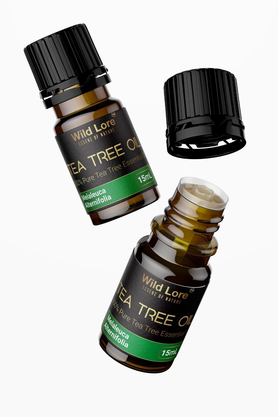 Two bottles of tea tree oil are floating in the air on a white background.