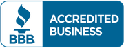 BBB Accredited Business logo in blue and white with the BBB torch icon and text