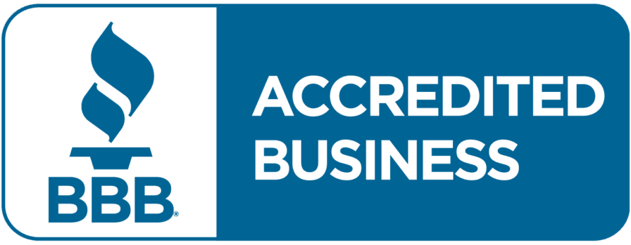 BBB Accredited Business logo in blue and white with the BBB torch icon and text