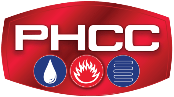 PHCC logo in red with white lettering and three circular icons for water, heat, and HVAC lines