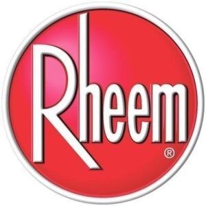 Rheem logo in white text on a red oval background