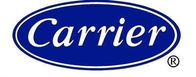 Carrier logo in white cursive on a blue oval with a white outline