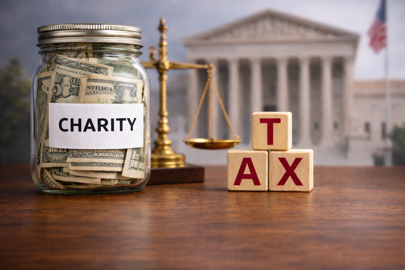 A jar labeled 'charity' sits on a desk, symbolizing charitable giving and financial planning.