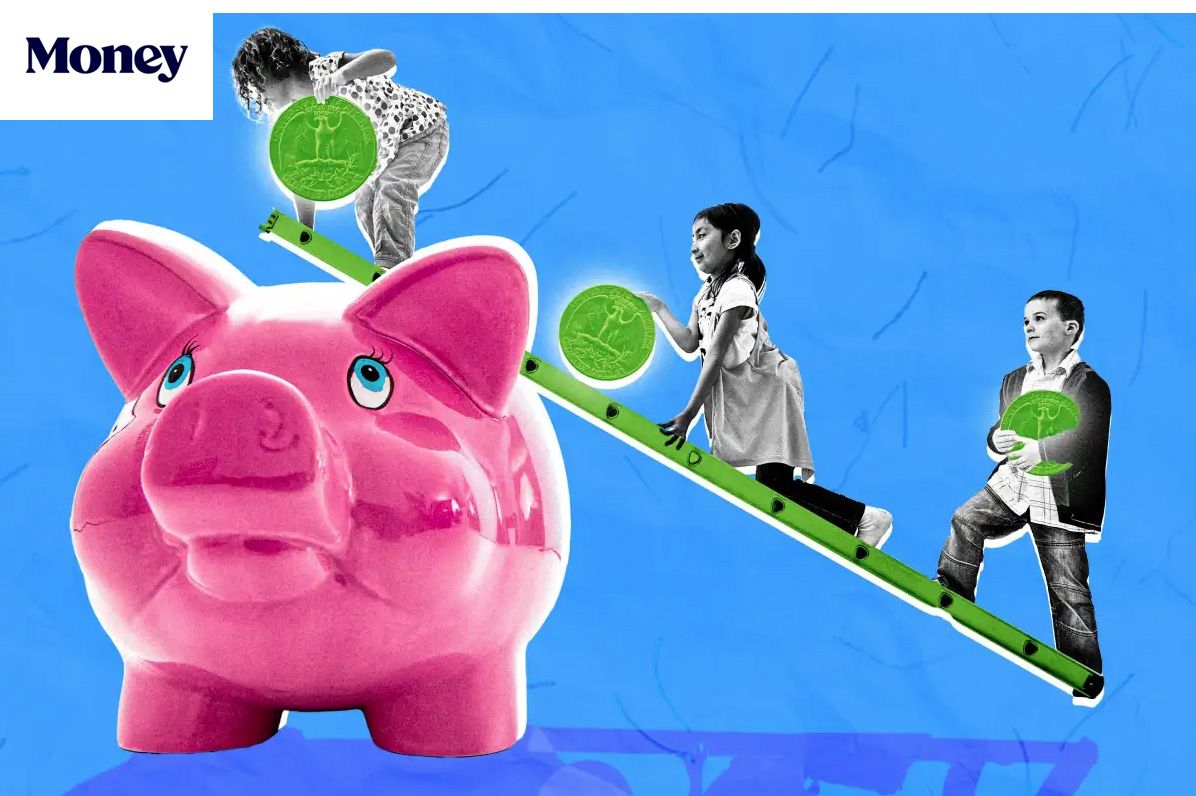 A pink piggy bank with a green plank inclined and children holding coins walking up to deposit.