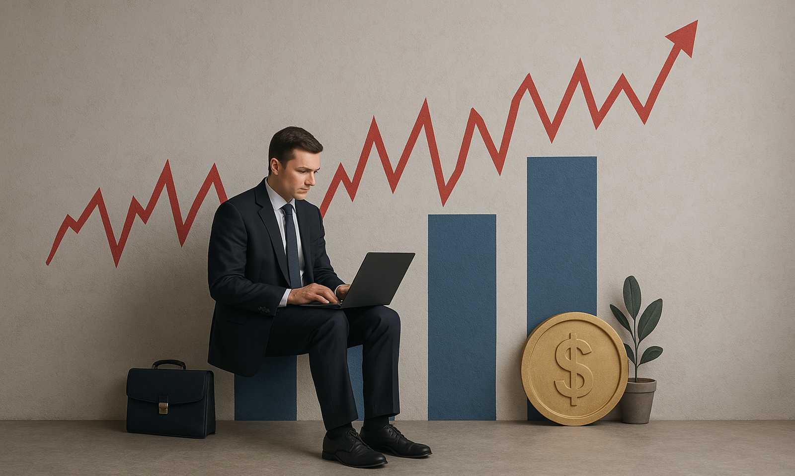 Businessman in a suit works on a laptop while sitting on a bar chart column, with an upward red line