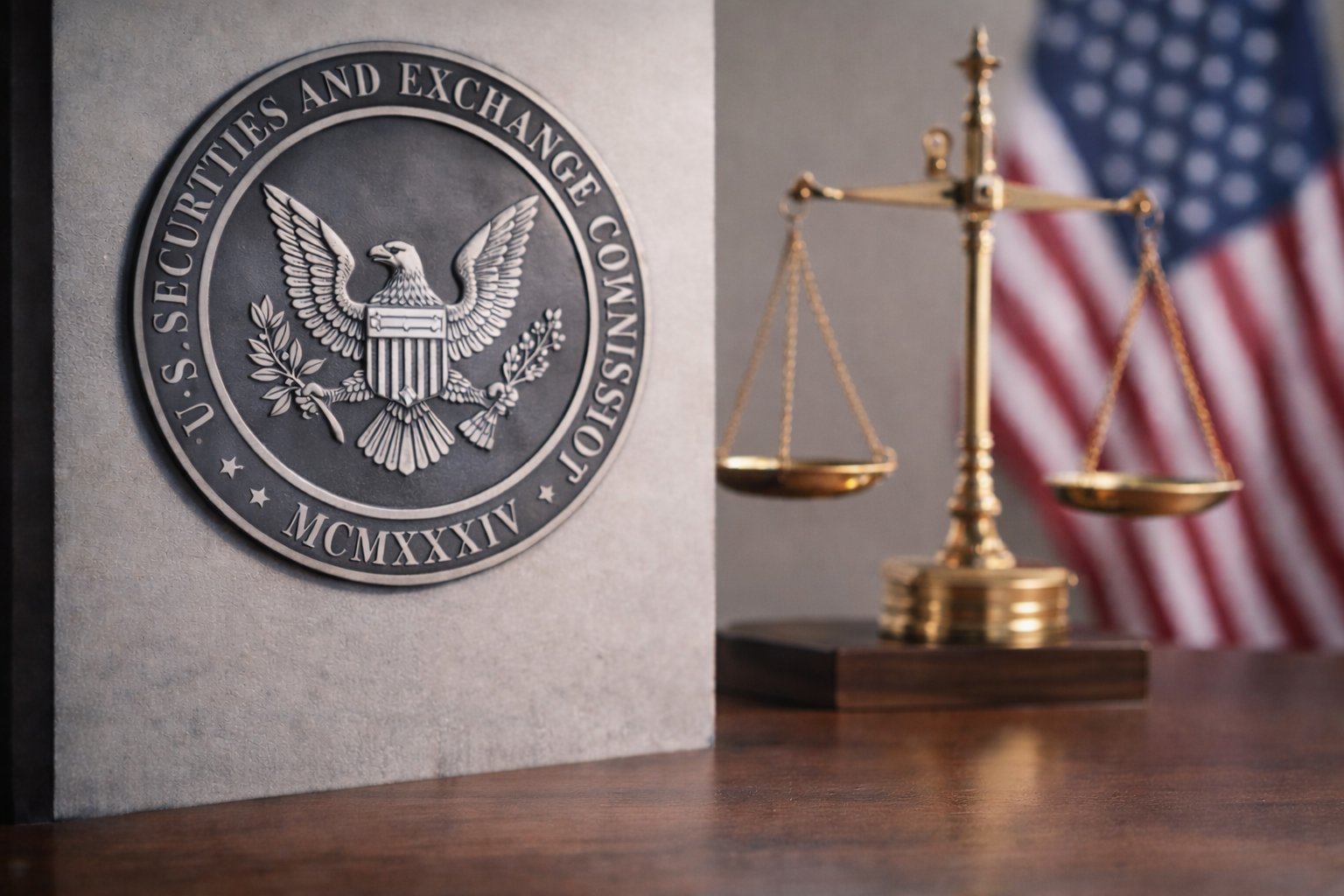 SEC) seal on a stone wall beside a brass balance scale on a wooden desk, with an American flag