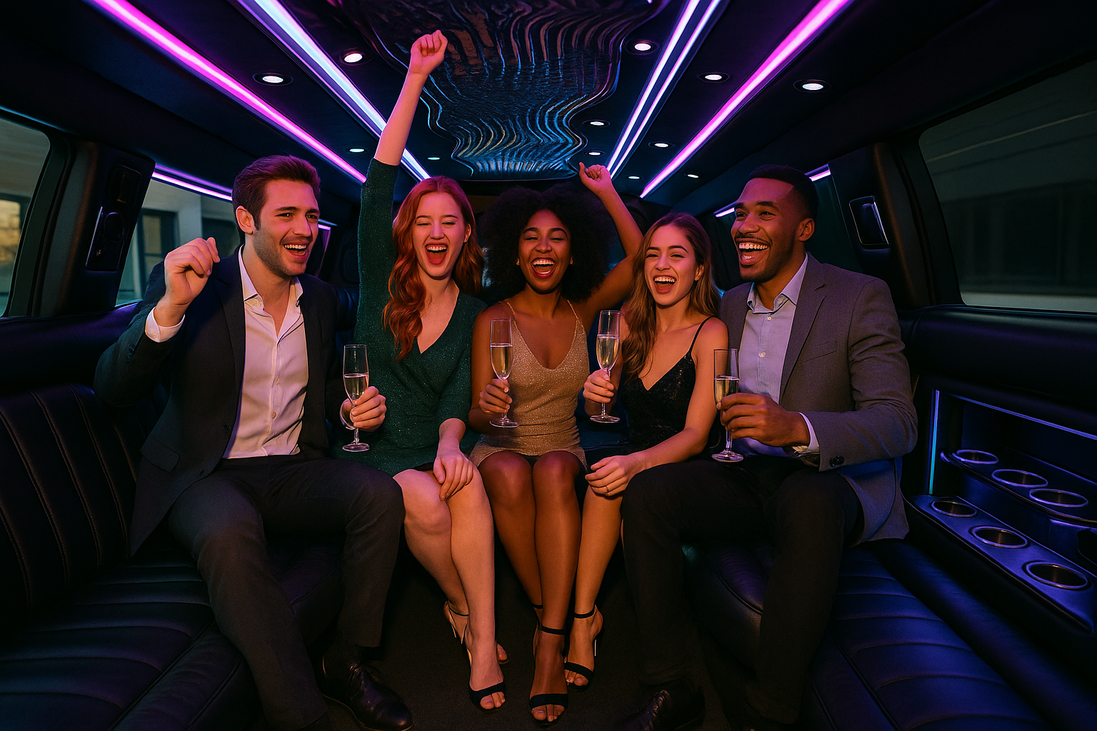 A group of people are sitting in a limousine holding champagne glasses.