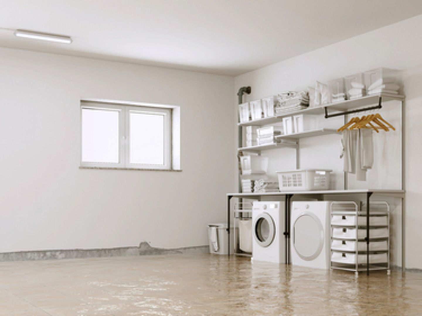 Empty laundry room with washer and dryer, shelves, hanging rack, and a small window.