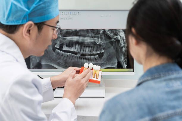 A man and woman examine a computer screen, engaged in a discussion about implant procedures.