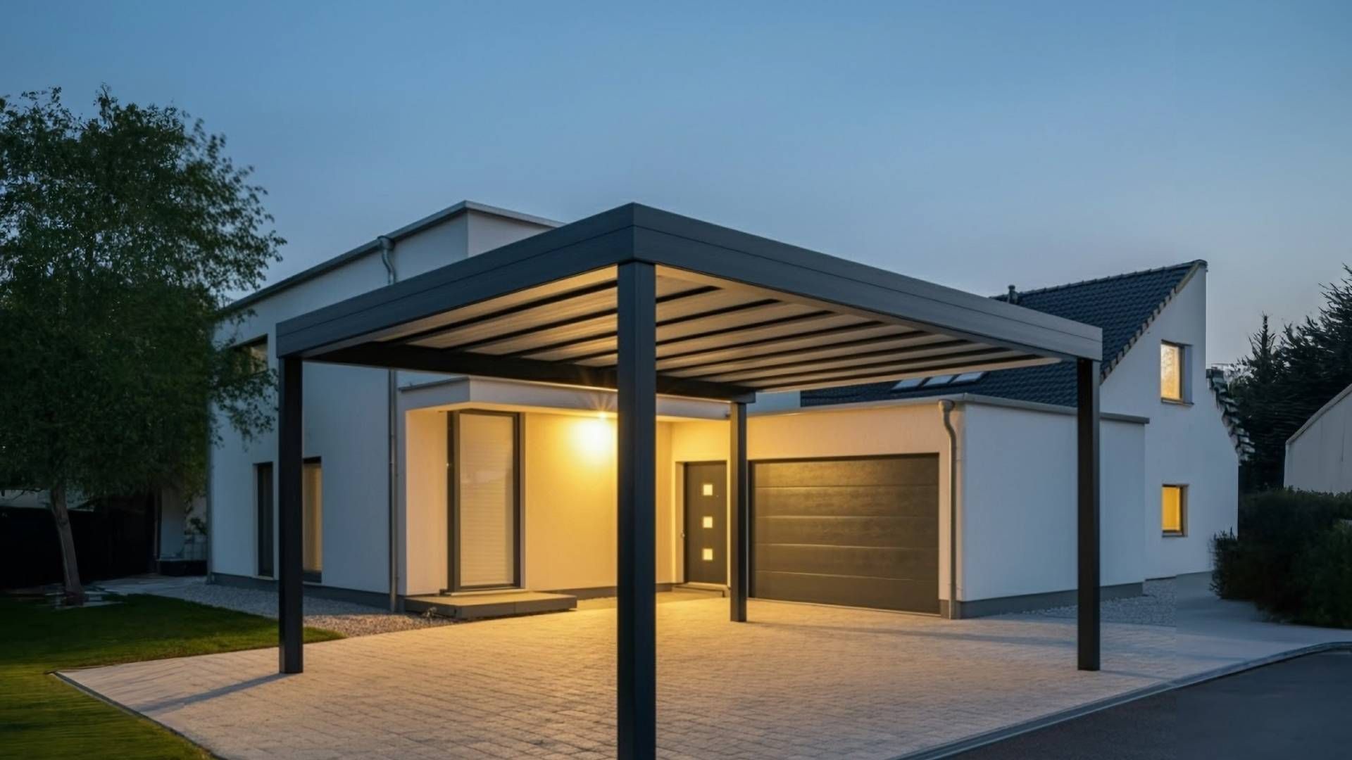 Modern home with gray carport, paved driveway, and garage door illuminated at dusk.