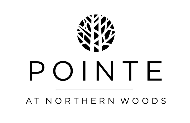 Logo for Pointe at Northern Woods: black and white, stylized tree design above the word "POINTE", text "AT NORTHERN WOODS" below.