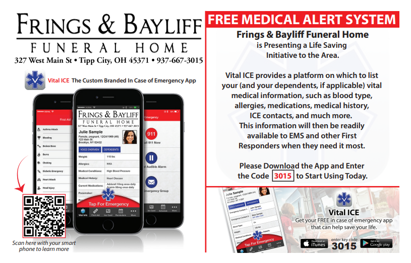 Advertisement for the Vital ICE app. App displays medical info in an emergency. Includes key code: 3015 and download links.