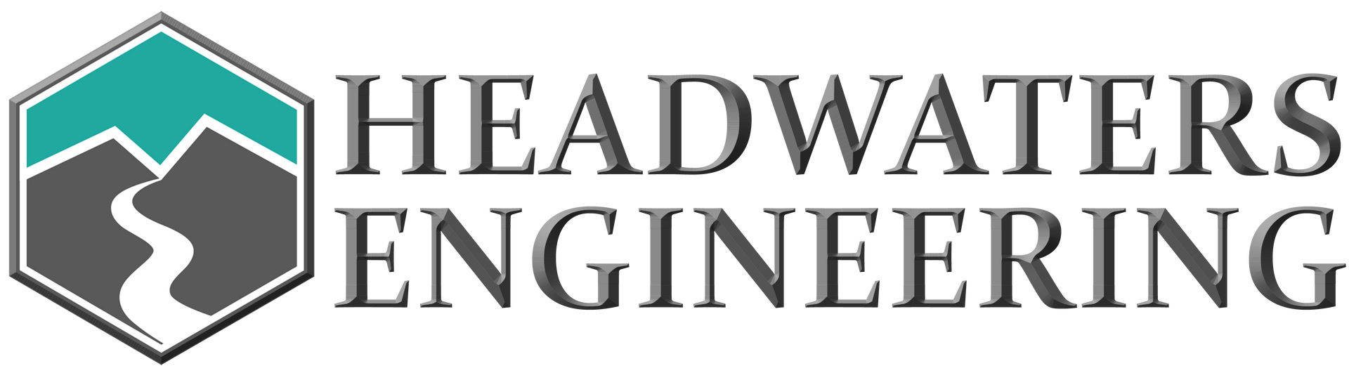 Logo of Headwaters Engineering: A teal and gray hexagon with mountains and a river, to the right are words.