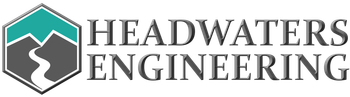 Logo of Headwaters Engineering: A teal and gray hexagon with mountains and a river, to the right are words.