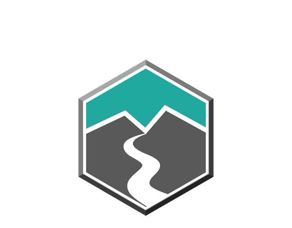 Hexagonal logo with turquoise mountain peak above gray mountains and a winding white river.