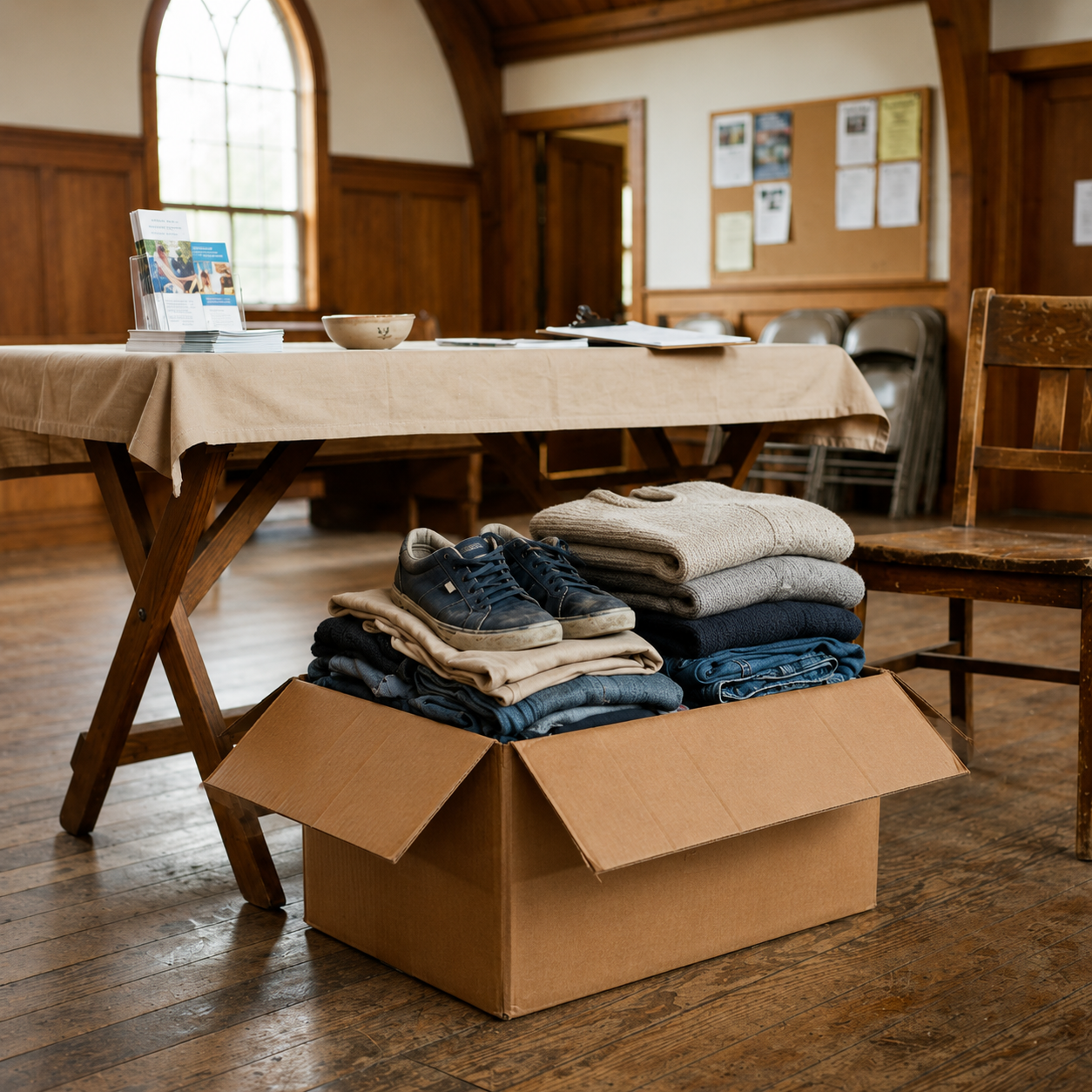 Box of folded clothes and shoes in a rustic room with a table and bulletin board in the background