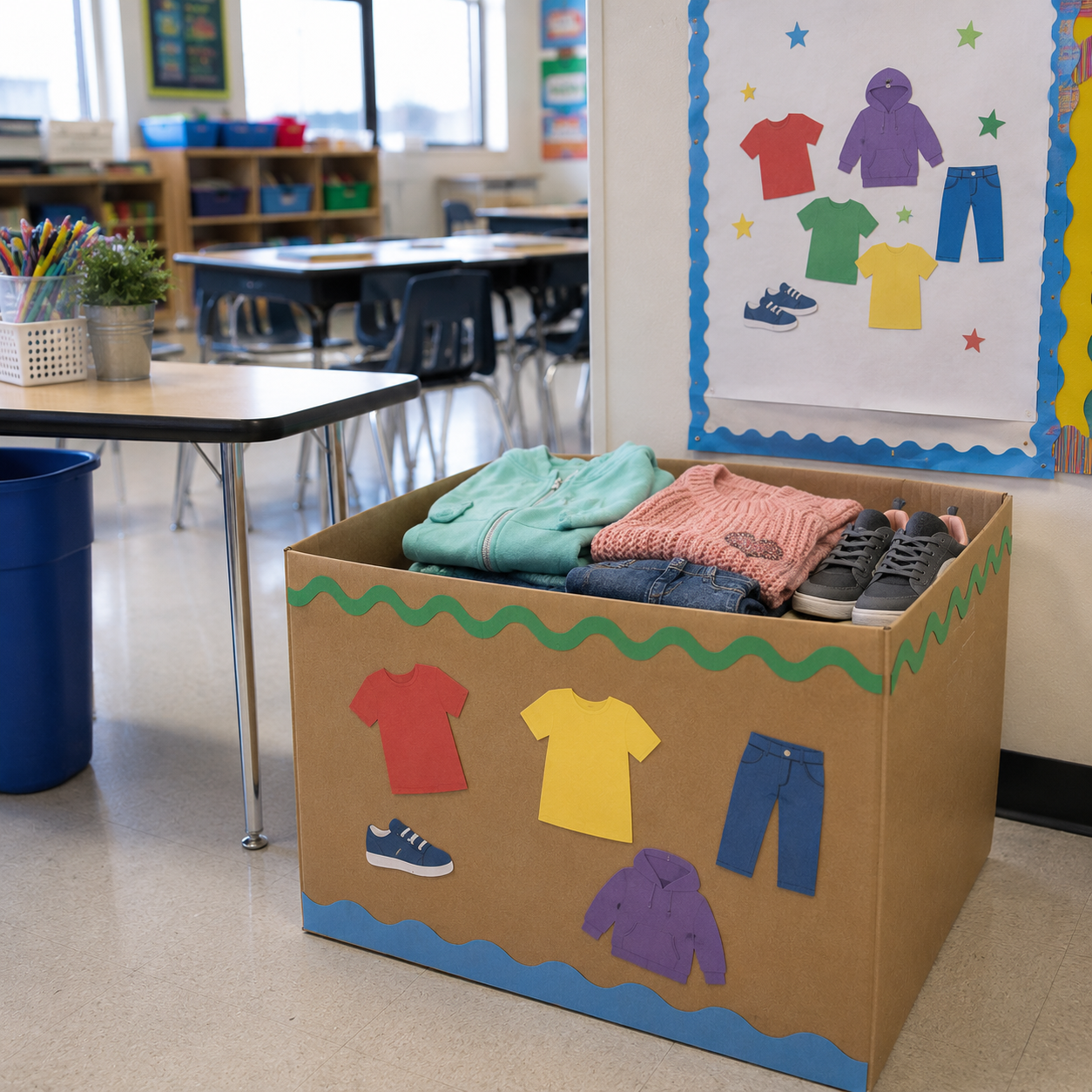 Classroom clothing donation box with folded clothes and colorful paper shirts on the front