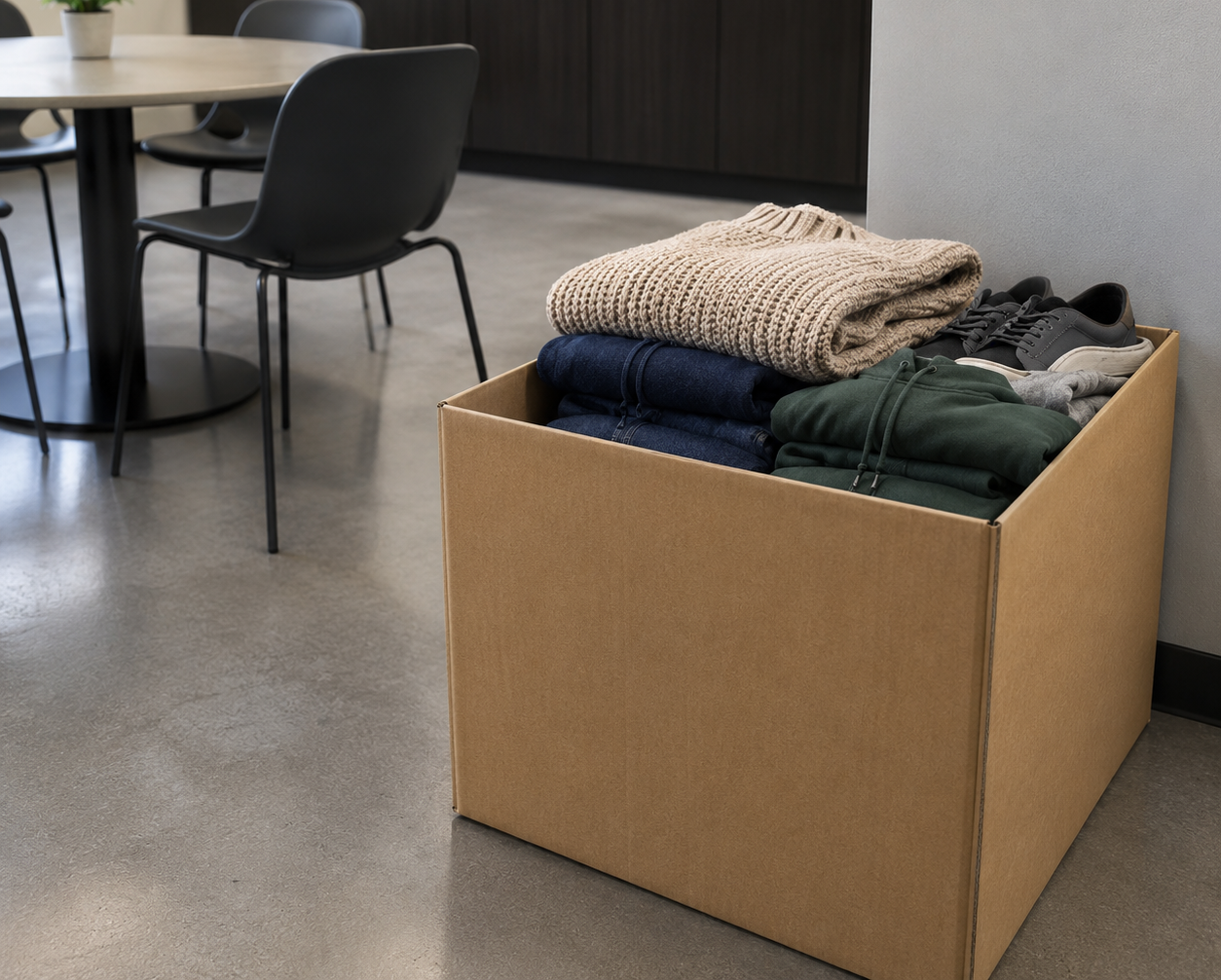Cardboard box filled with folded clothes beside a table and chair in a modern room