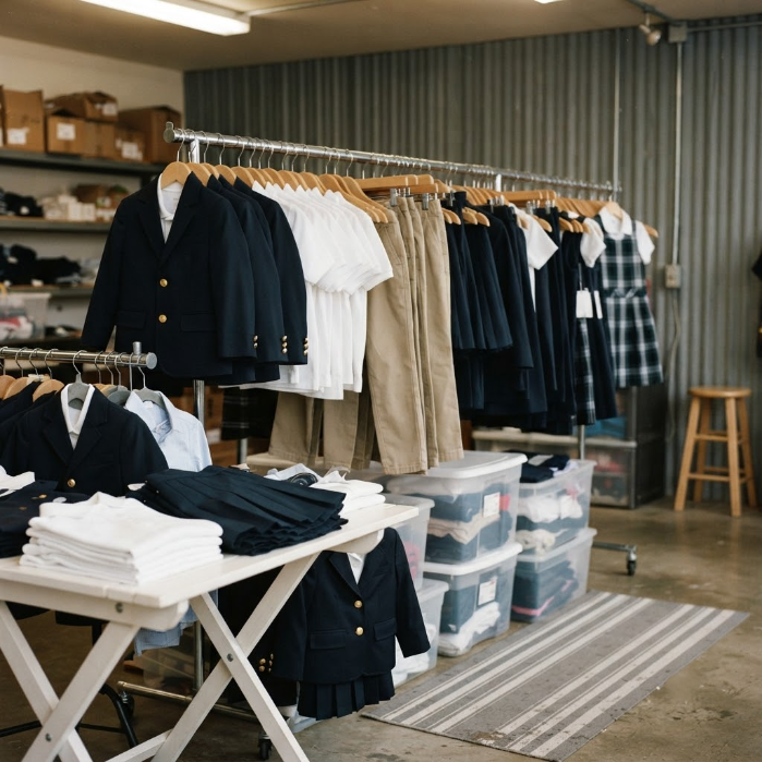 Clothing store with racks of navy, white, and tan apparel and folded clothes on tables.