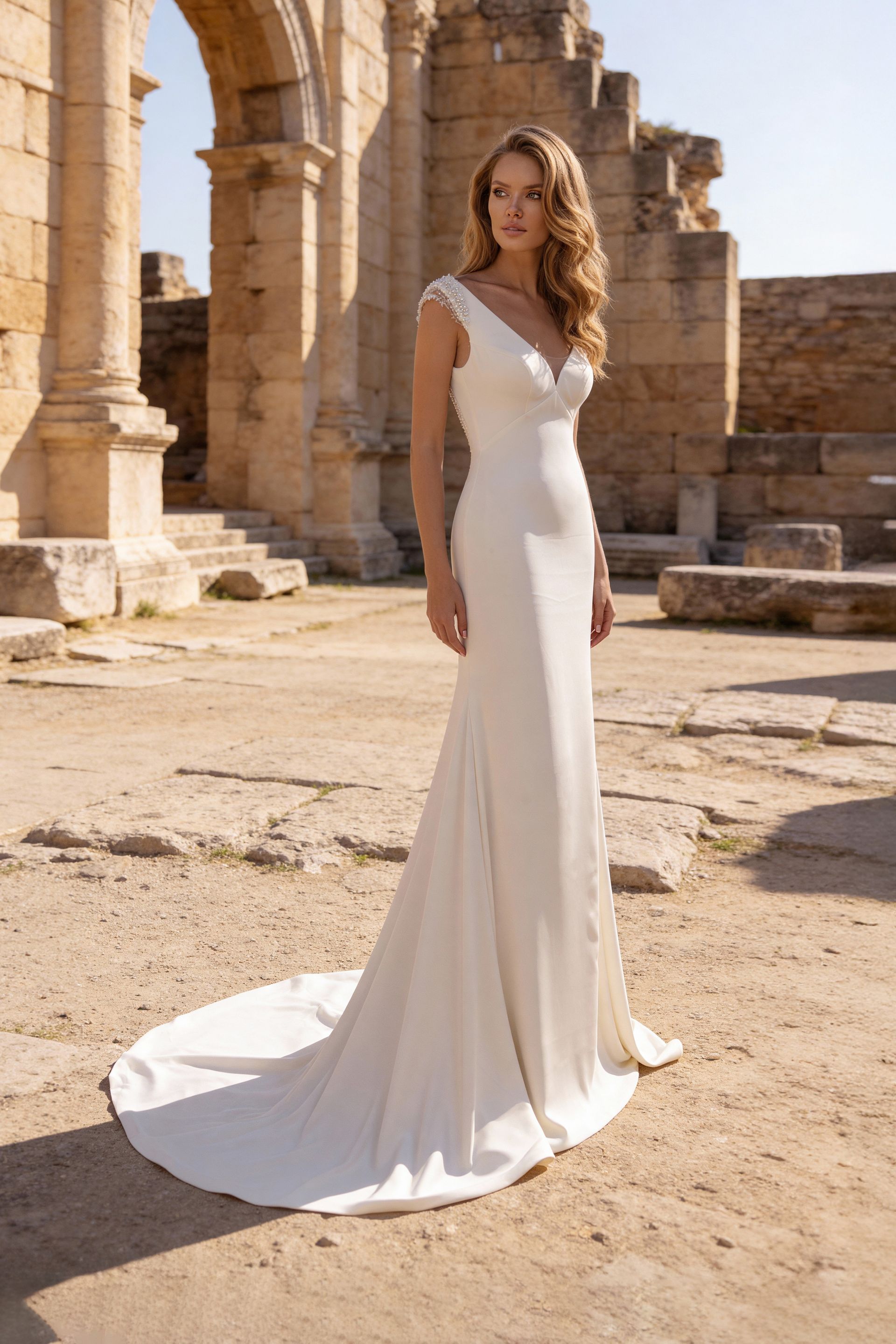 Woman in a white gown standing among ancient stone ruins in bright sunlight