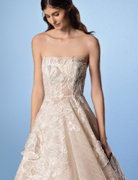 A woman in a strapless wedding dress is standing in front of a blue background.