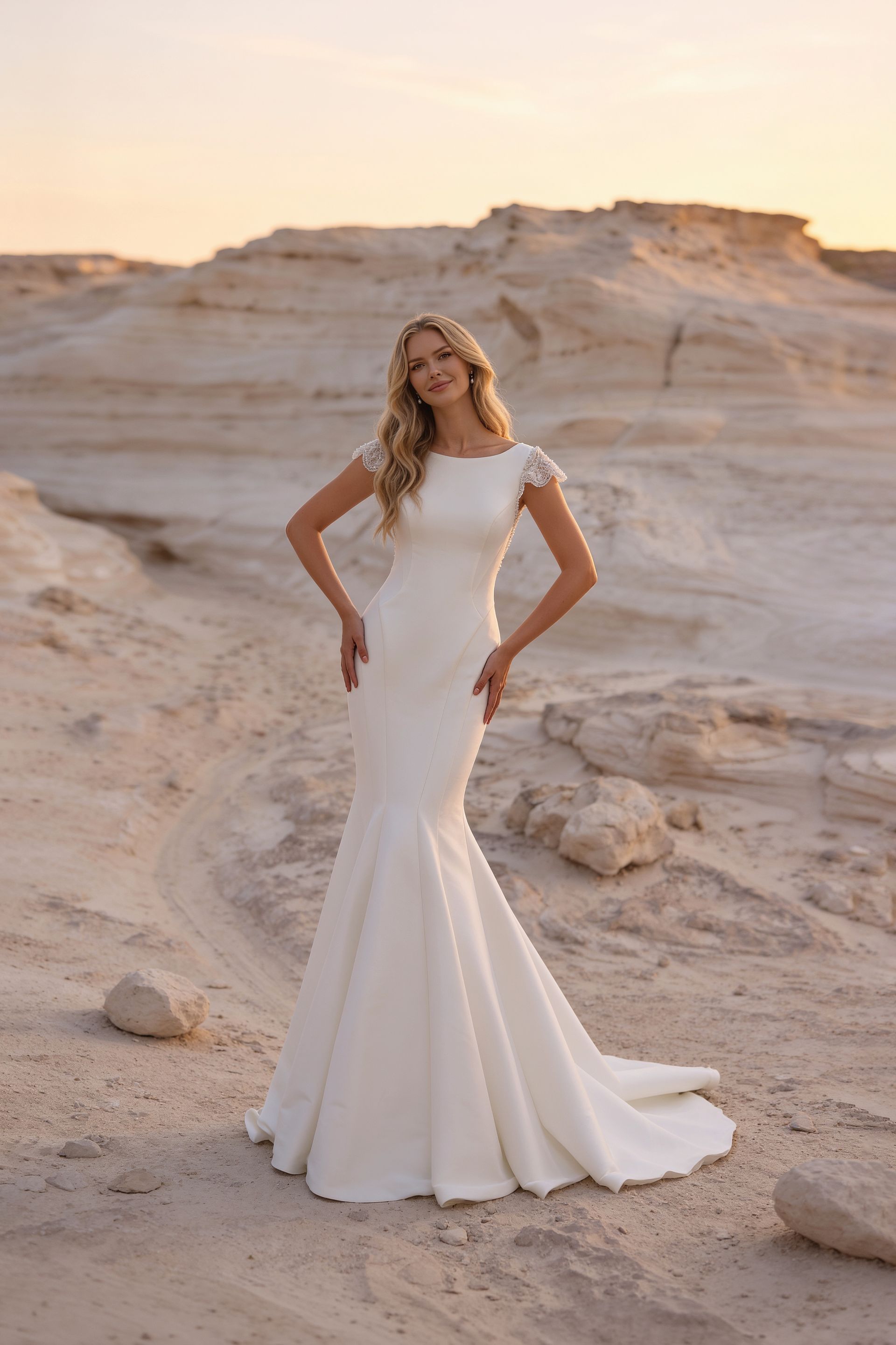 Woman in a white gown standing on sandy dunes at sunset