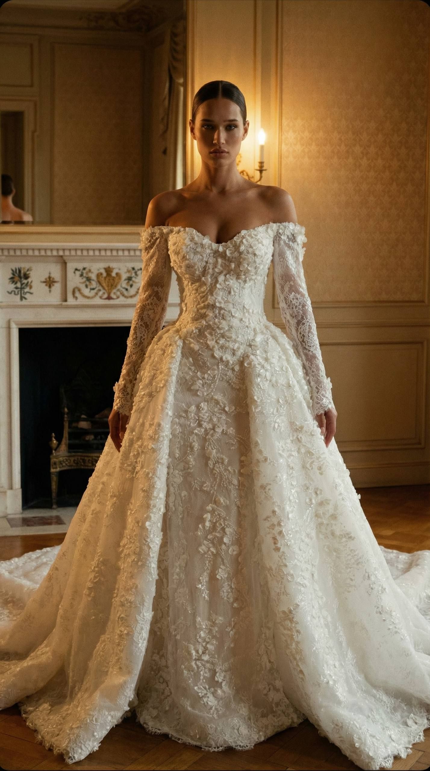 Woman in an off-the-shoulder white lace wedding gown standing in a formal room by a fireplace.