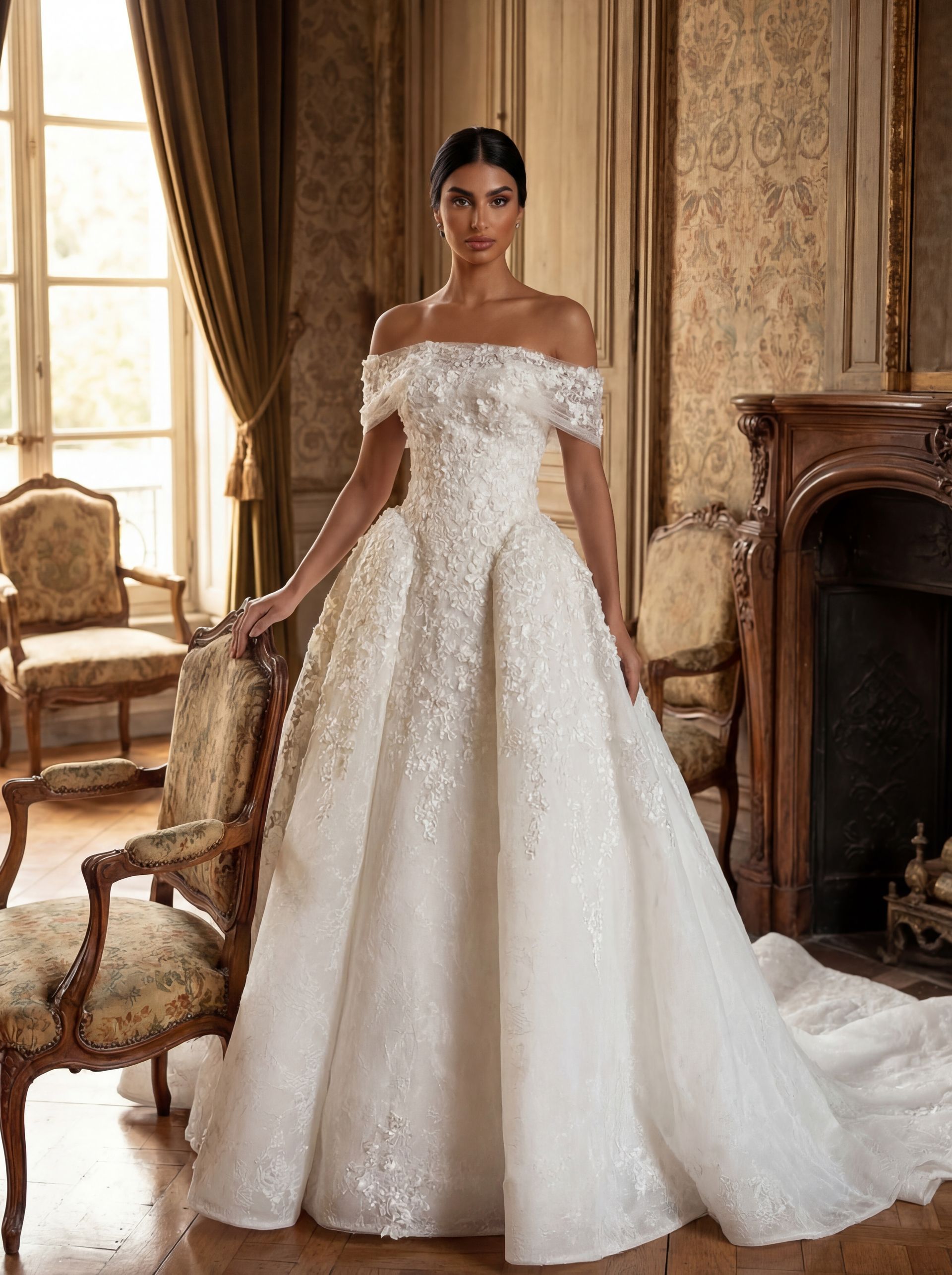 Woman in an off-shoulder white ball gown standing in an elegant room with ornate curtains and furniture