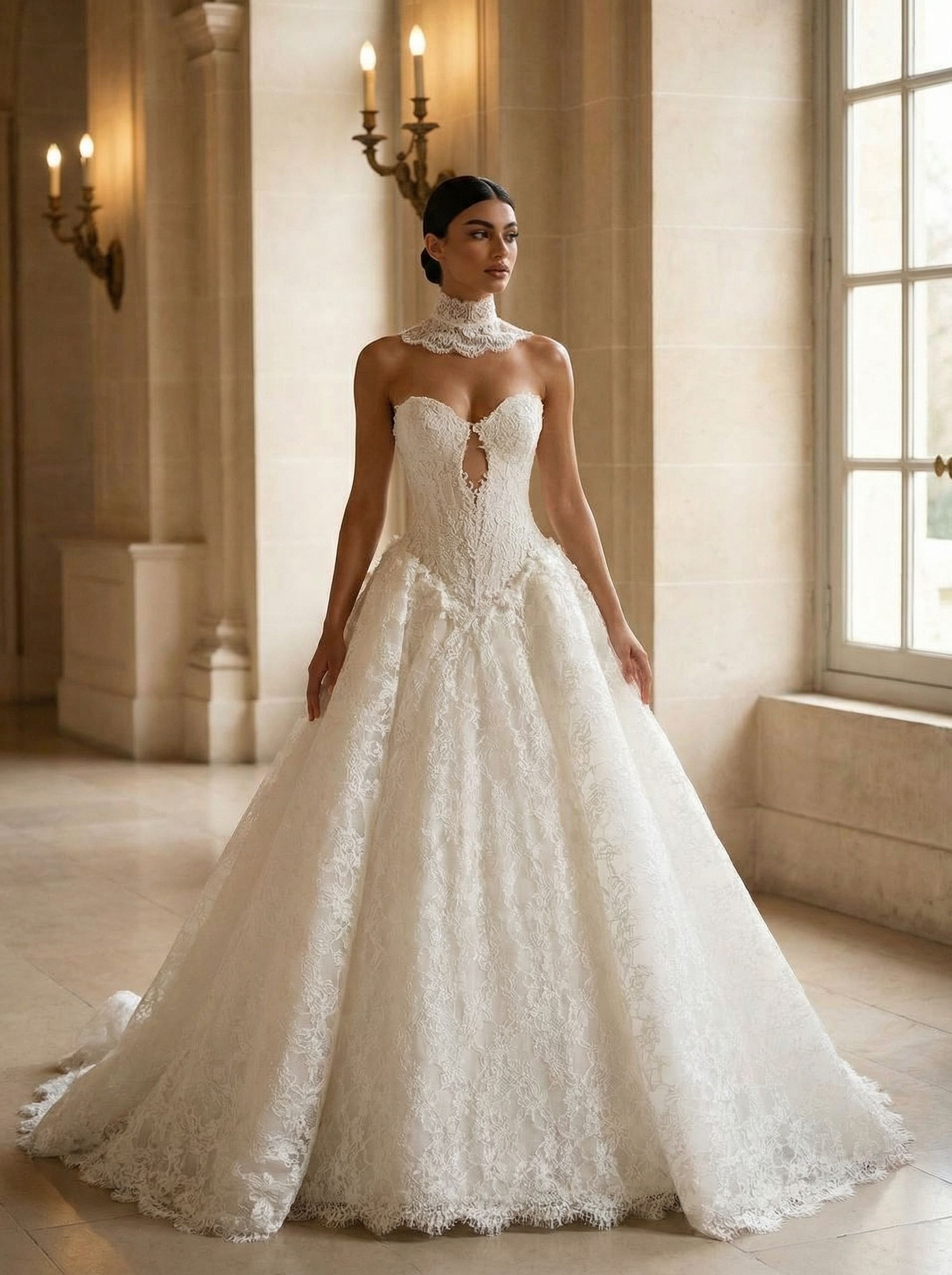 Woman in a strapless white ball gown standing in a sunlit grand hall with tall windows and wall sconces