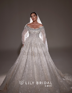 A woman is wearing a white ball gown with long sleeves and a veil.