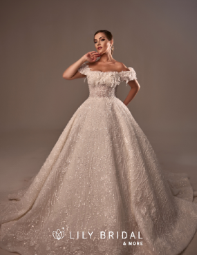 A woman is wearing a wedding dress from lily bridal