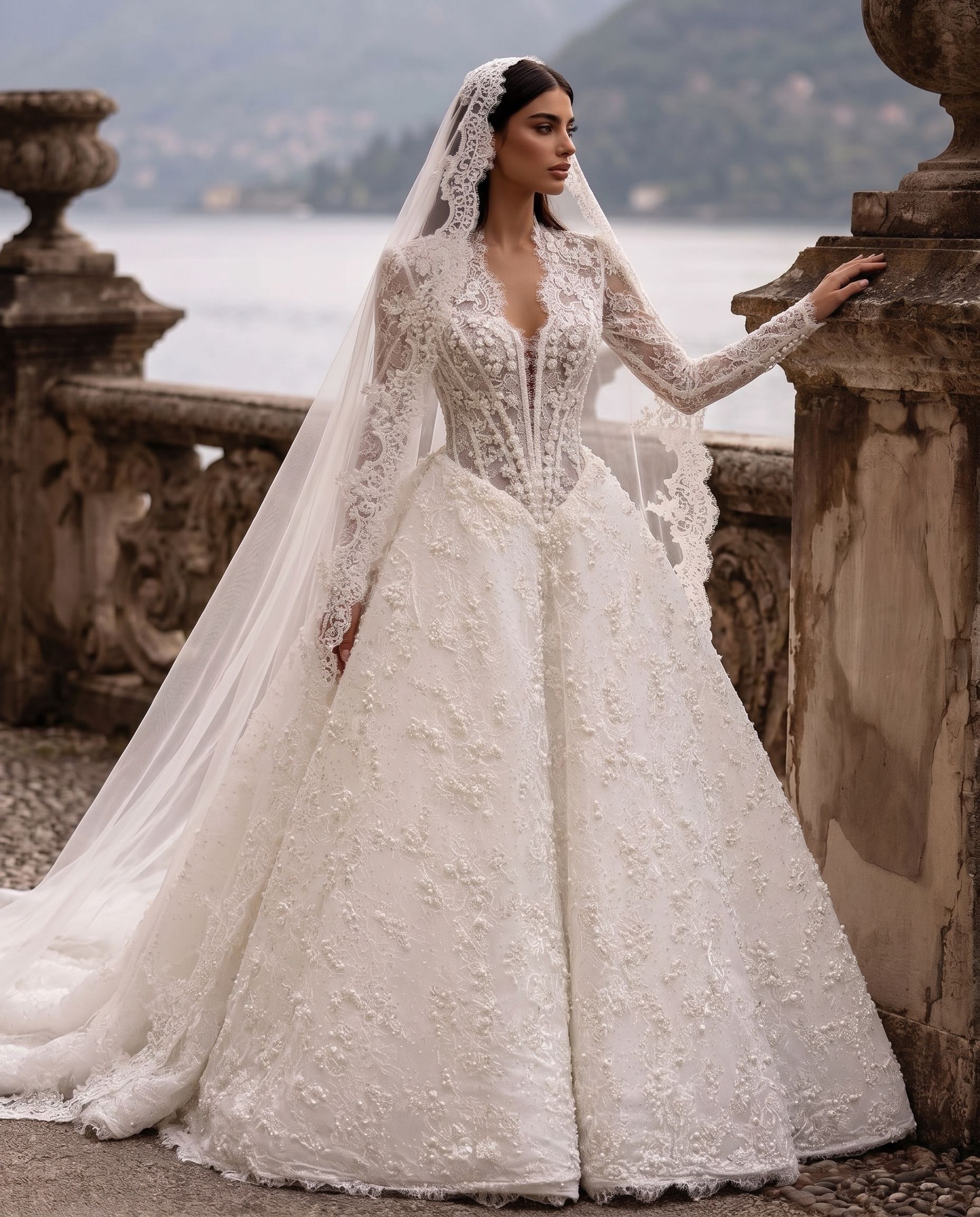 Bride in a white lace gown standing on a stone terrace by the water.