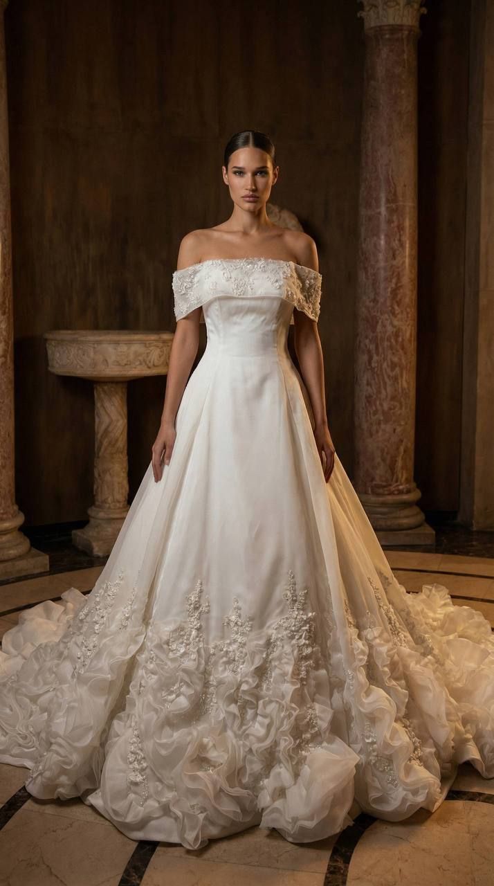 Woman in a white off-the-shoulder wedding gown standing in a columned interior.