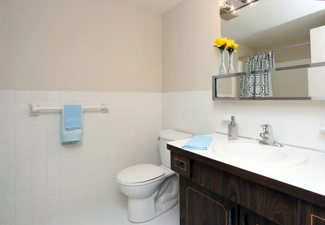 A bathroom with a toilet , sink and mirror