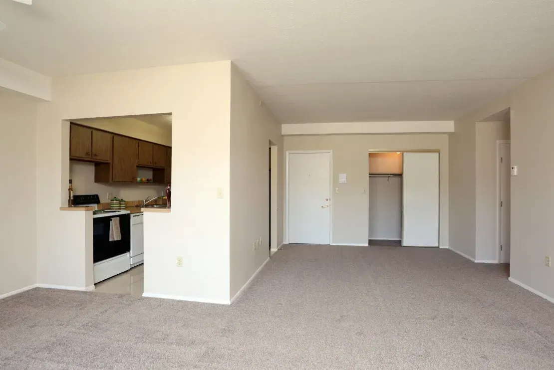 An empty living room with a kitchen in the background