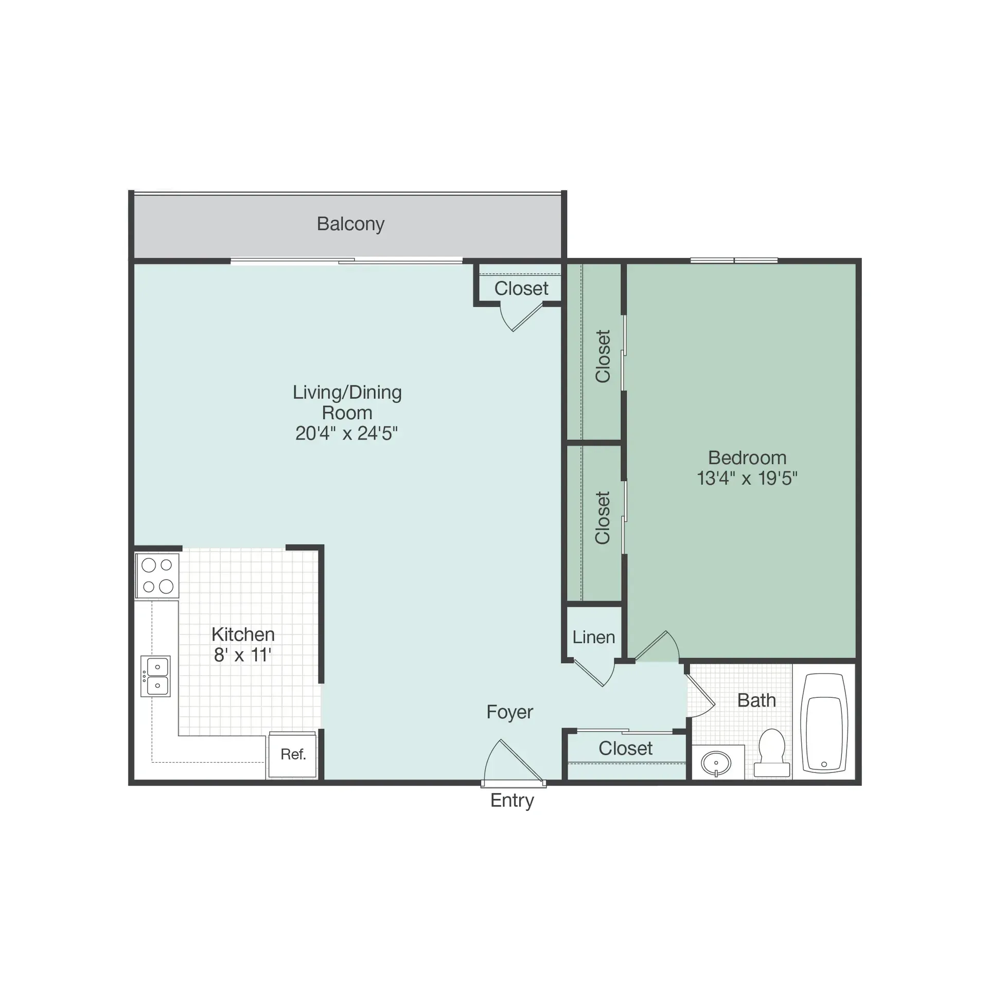 A floor plan of a small apartment with a balcony.