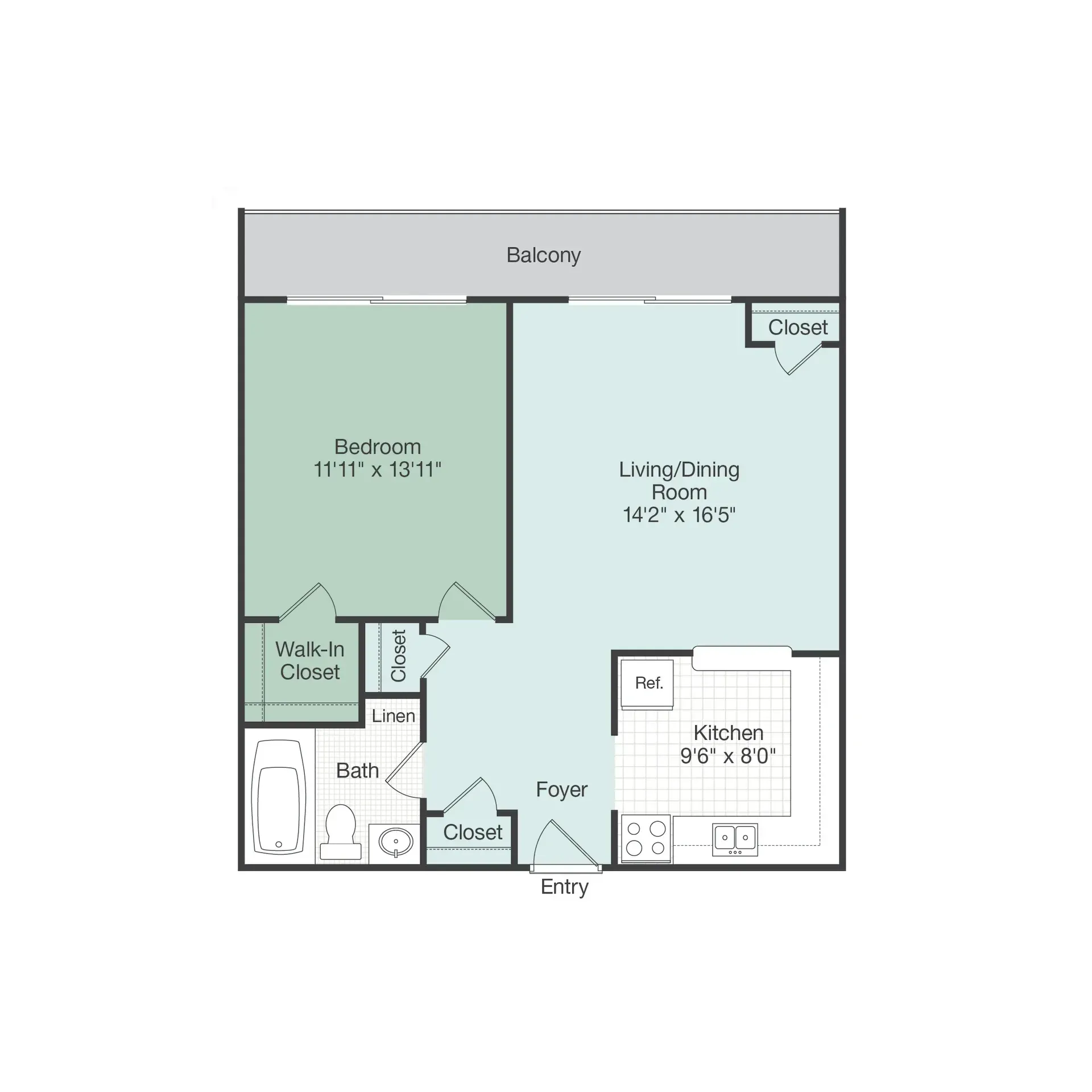 A floor plan of a single bedroom apartment with a balcony.