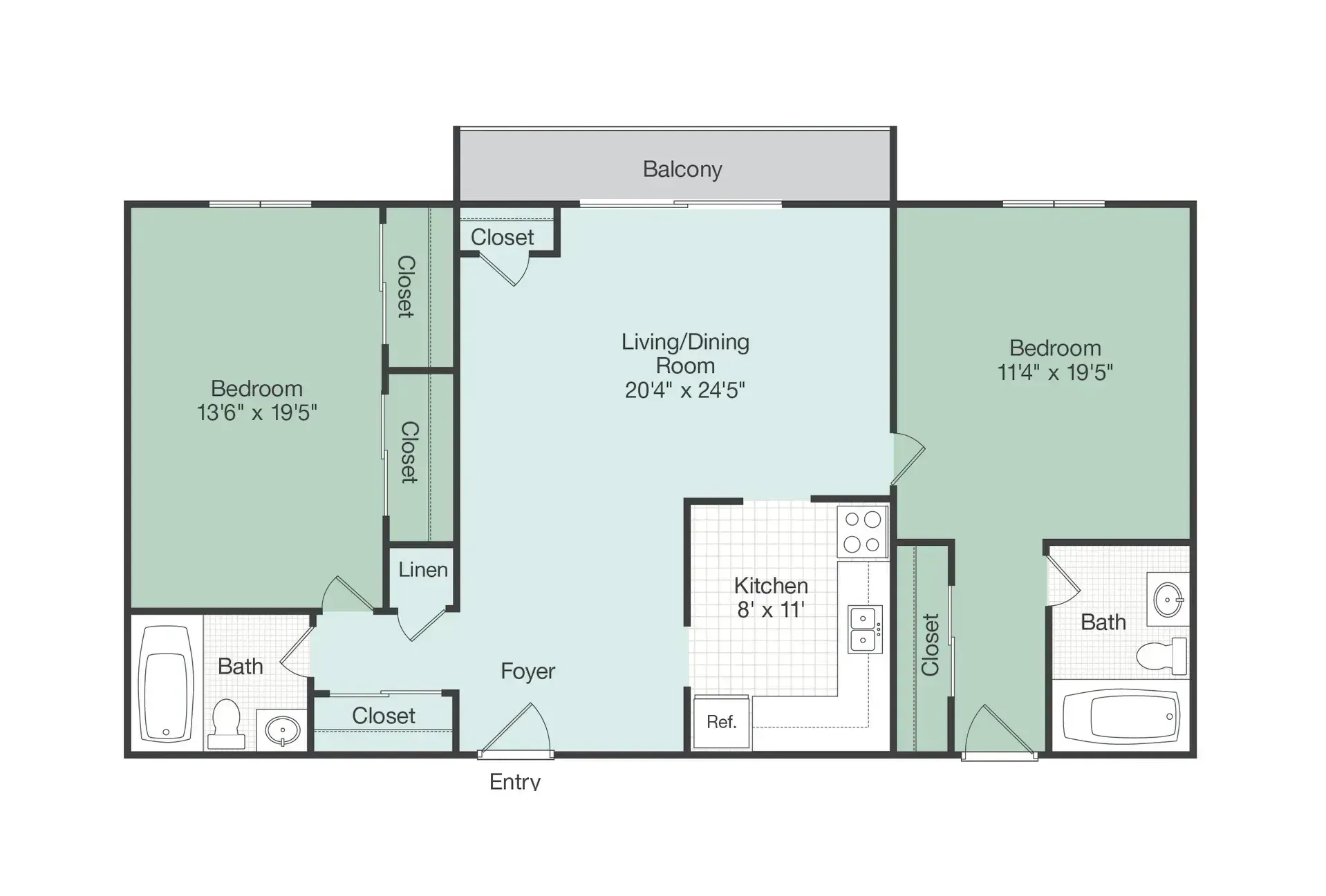 A floor plan of a house with two bedrooms and a balcony.