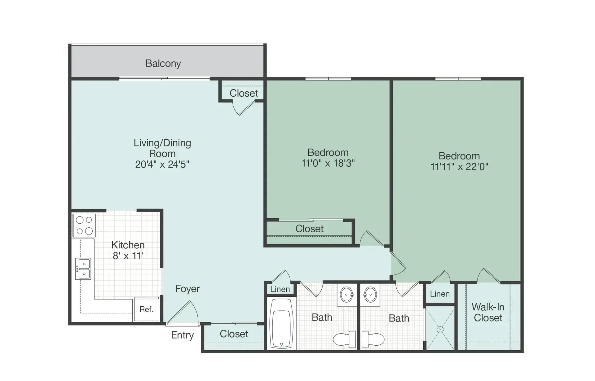 A floor plan of a house with two bedrooms and a balcony.