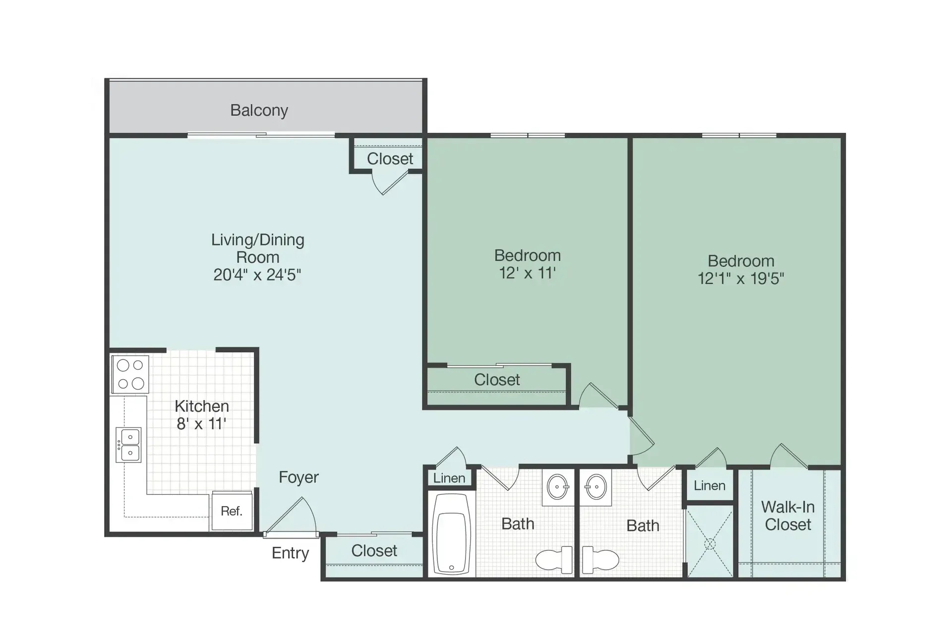 A floor plan of a house with two bedrooms and a balcony.