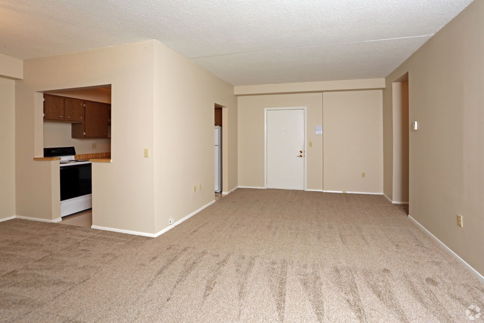 An empty living room with a kitchen in the background