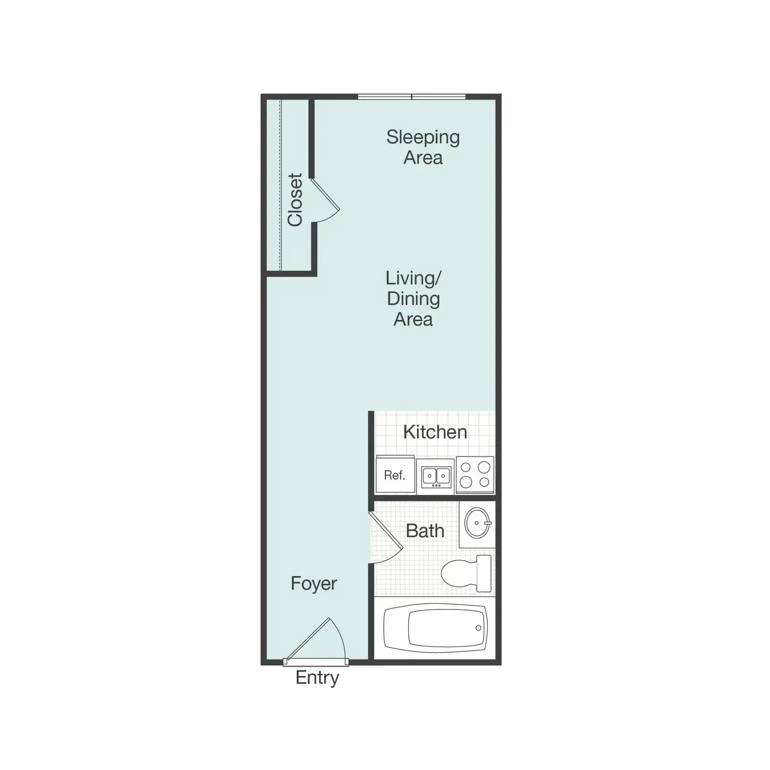 A floor plan of a small apartment with a sleeping area and a kitchen.