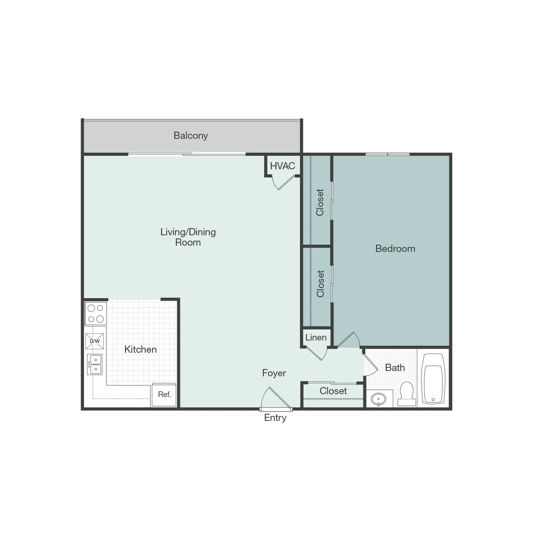 A floor plan of a small apartment with a balcony.