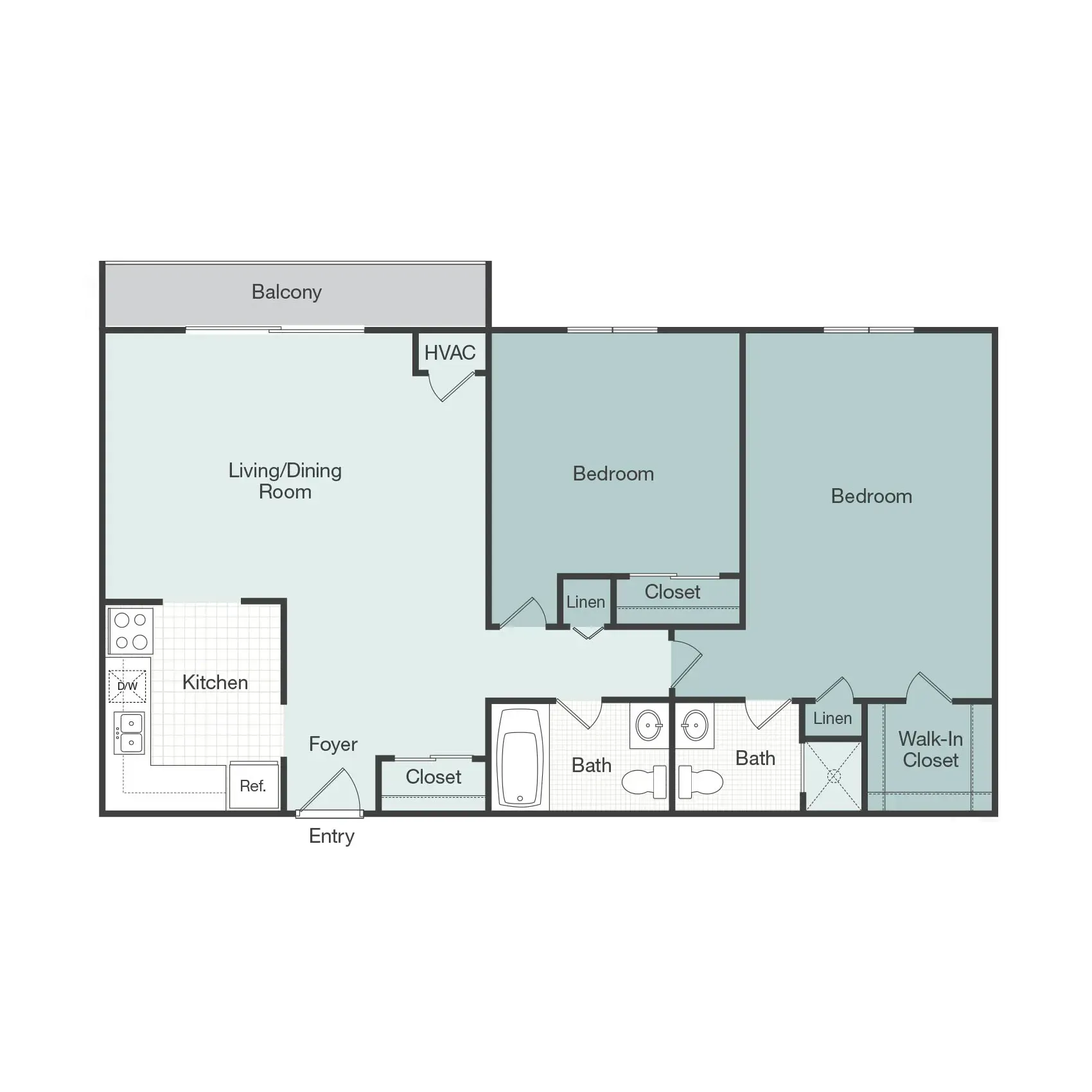 A floor plan of a two bedroom apartment with a balcony.