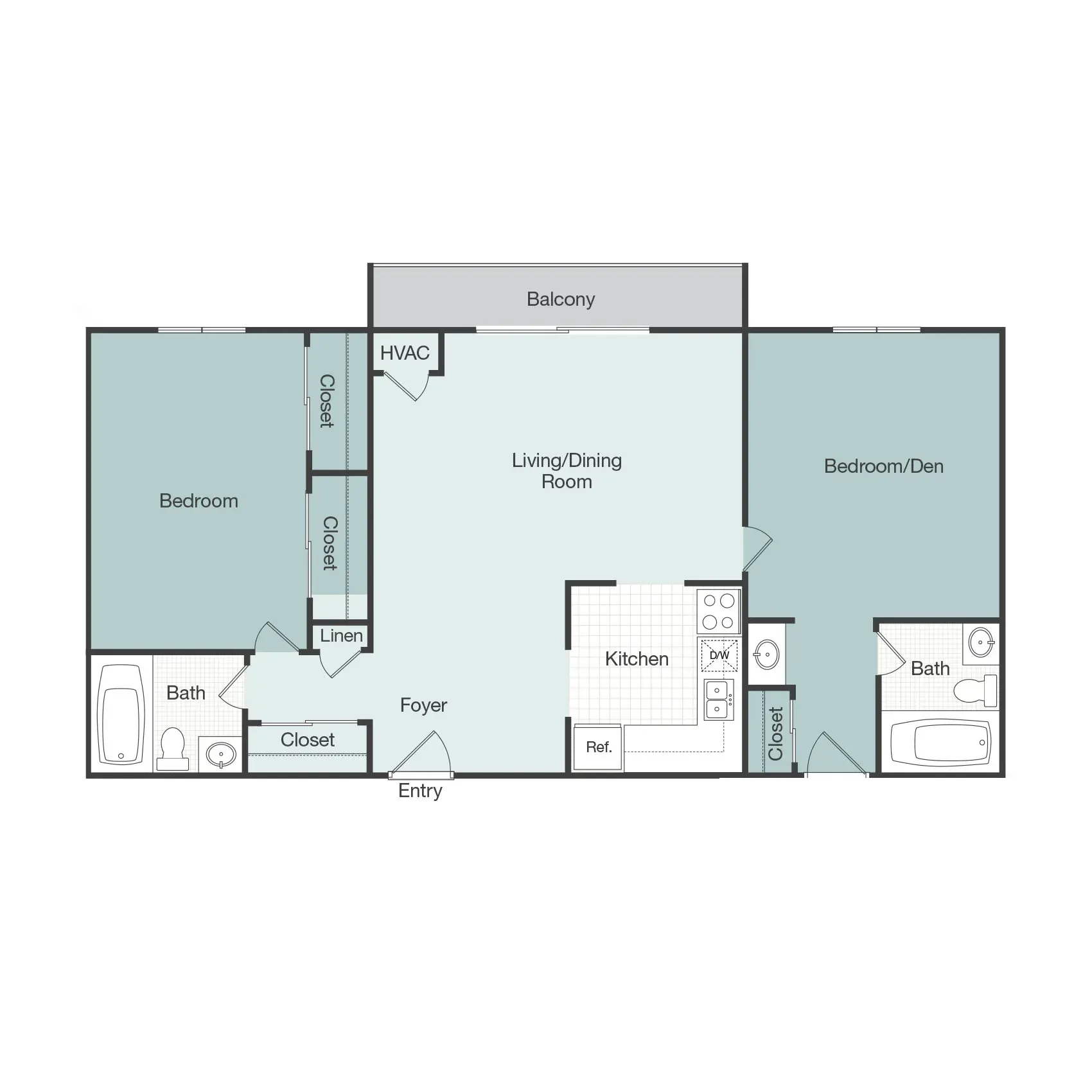 A floor plan of a house with two bedrooms and a balcony.