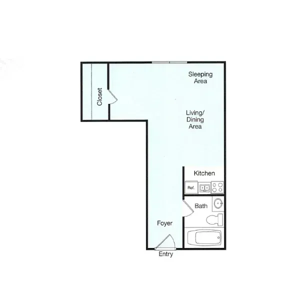 A floor plan of a small apartment with a living room , dining area , kitchen and bathroom.