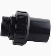 Black plastic threaded male connector with union fitting.
