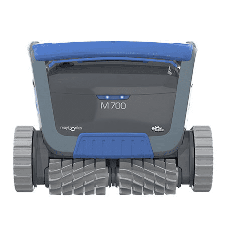 Dolphin M700 robotic pool cleaner in gray and blue with tracks and brushes.